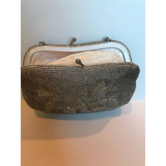 Vtg 1960's Silver Beaded Evening Bag Floral Pattern Handmade Serpentine Handle - Picture 7 of 9